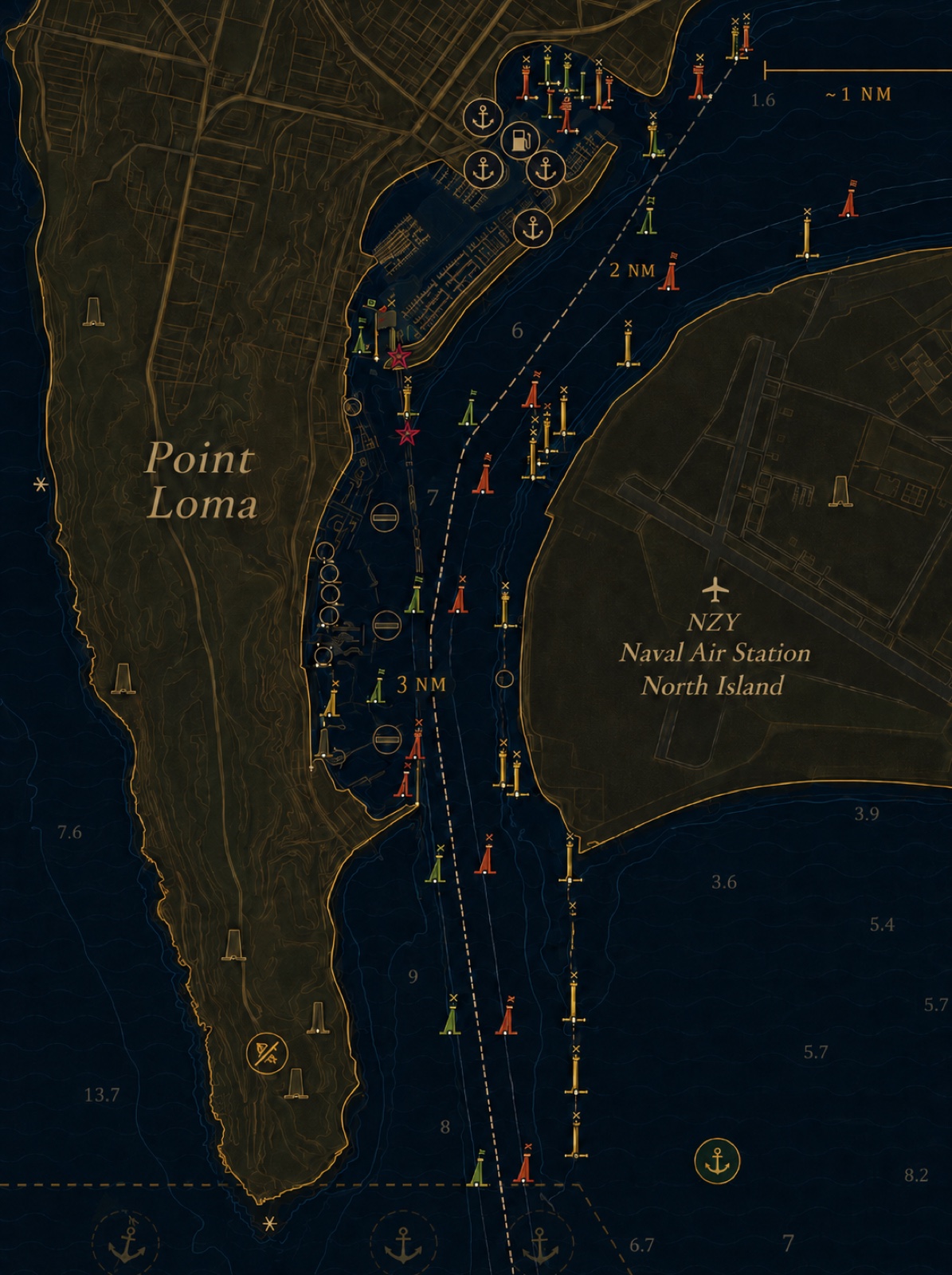 Nautical chart of Point Loma and the San Diego Bay mouth — channel buoys, soundings in feet, anchor and fuel symbols inside the bay, NAS North Island east of the channel